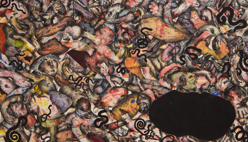 Alsoudani, pit, 2016, acrylic, charcoal, colour pencil on canvas, 77 x 175 in.,195.6 x 444.5 cm, 370082 (installed)