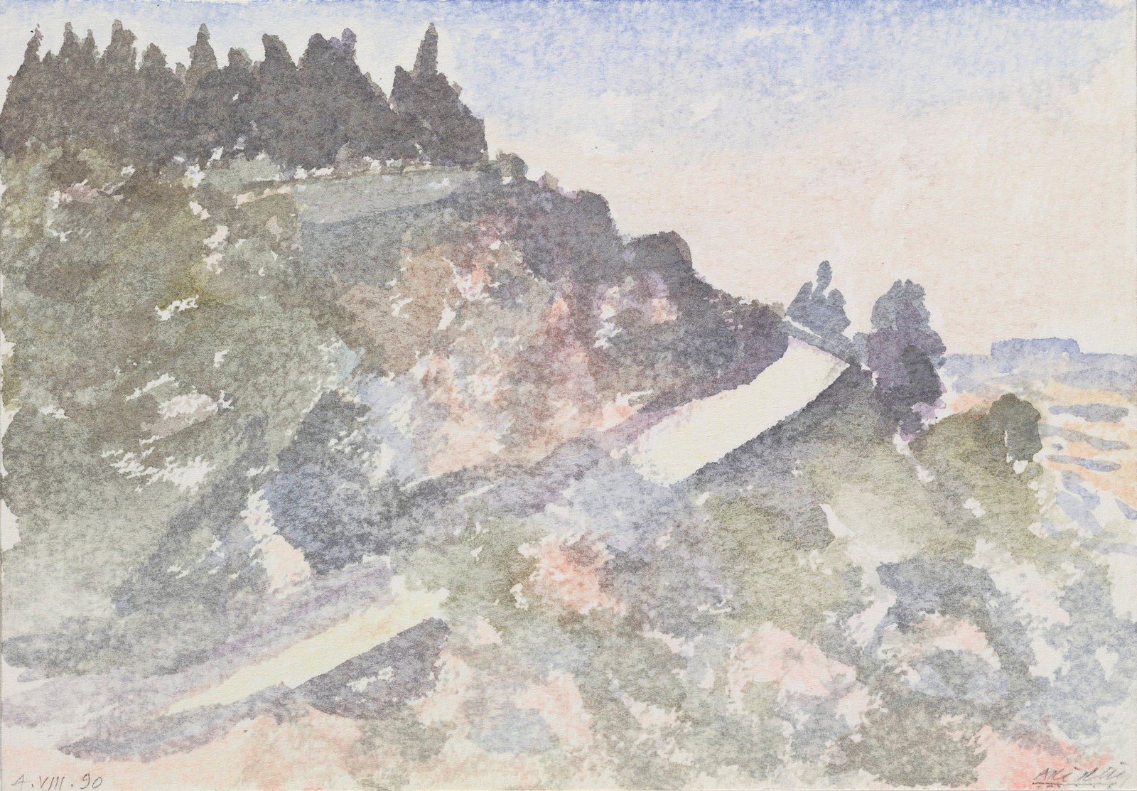 Arikha, mount zion, 1990, watercolor on paper, 6 7 8 x 10 in