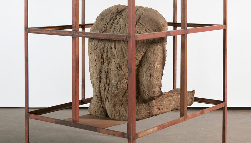 Abakanowicz, figure in iron house, view 3, 1989 90, burlap, resin, iron, 58,25 x 43,75 x 35 in, non 30 742
