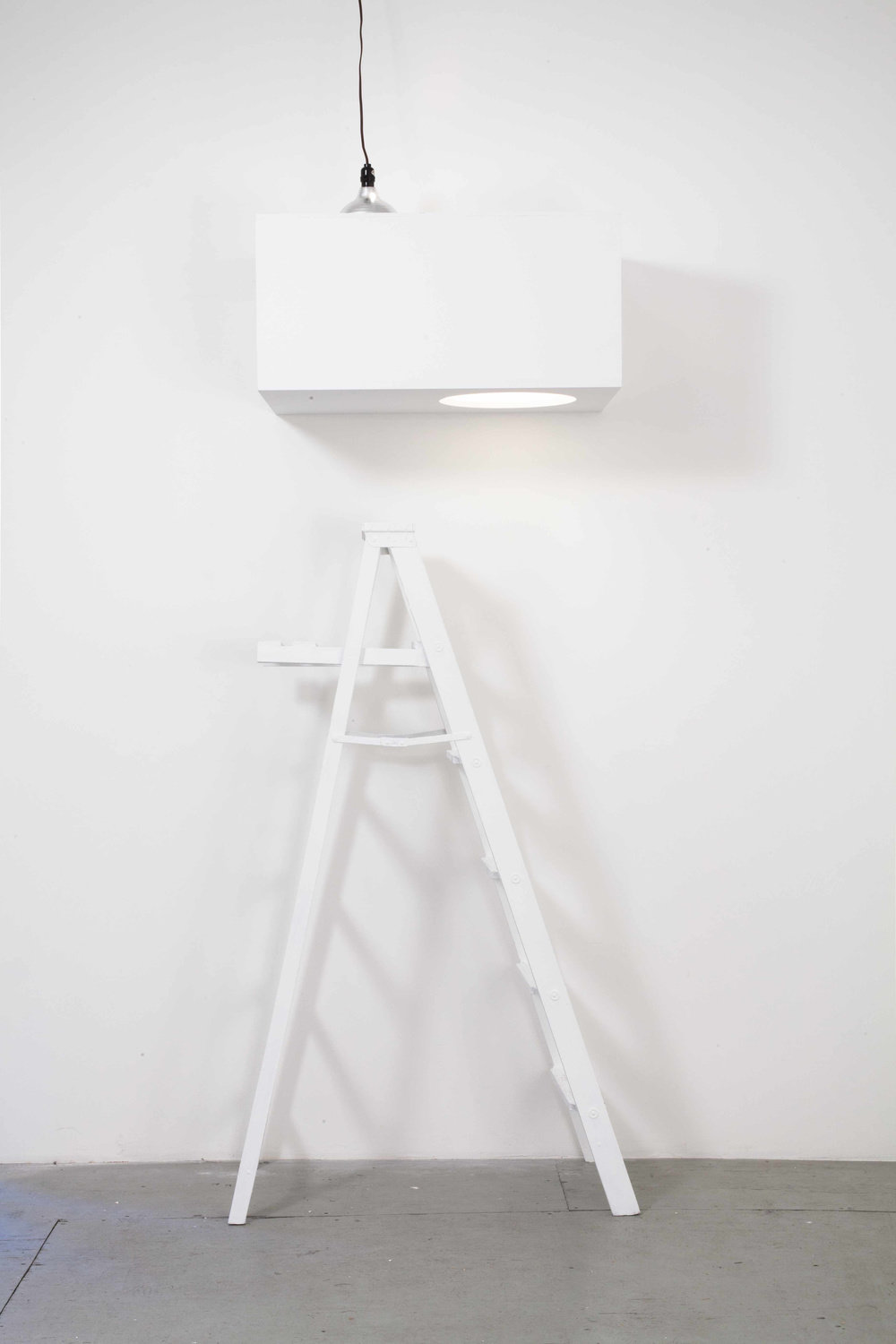 Riepenhoff, the john riepenhoff experience presents sea horse ecstasy switch by niall macdoanal (from left to right) credit card sea urchin pipe light switch, 2013, wood, ladder, paint and light, 103 x 34 x 18 in. non 54.182