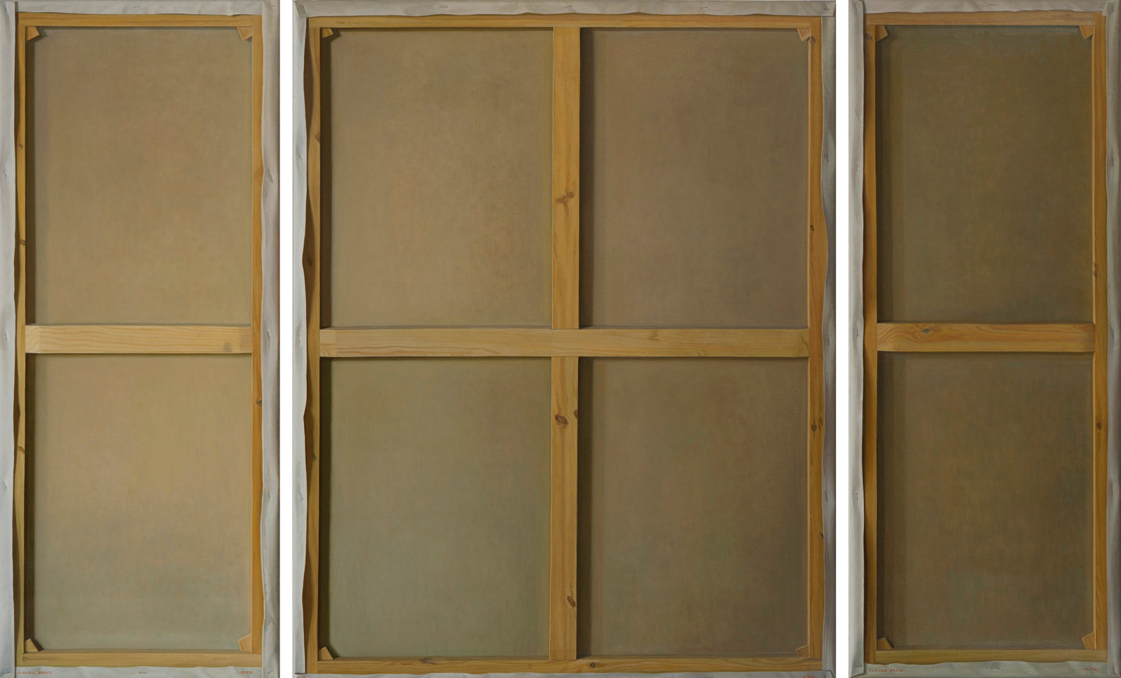 Bravo, triptych (triptico), 2011, oil on canvas, left right panels each 59 x 23 5 8 in, center panel 59 x 47 1 4 in, non 894