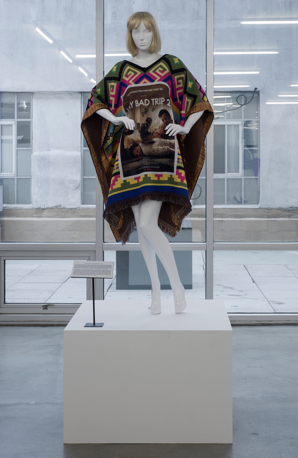Slife, very bad trip 2 poncho, 2014, jacquard woven poly cotton afghan, mdf, fiberglass mannequin, synthetic wig, store bought sunglasses and shoes, 97 x 36 x 36 in. 246.38 x 91.44 x 91.44 cm cnon 55.690 photo credit bill orcutt