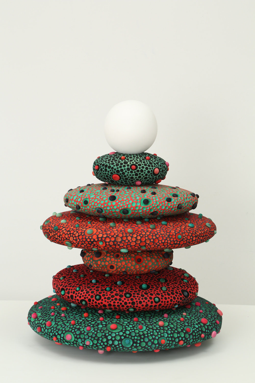 Ronay, stacked ellipsoid cairn with pearl, 2015, basswood, dye, gouache, shellac based primer, 28.5 x 23 x 23 in. 72.39 x 58.42 x 58.42 cm cnon 56.394
