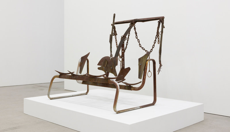 Minter, no luck in the plowshares (view 2), 2008, antique plow parts, horseshoes, chains, metal seat frame, and found metal, 47 × 49 × 43 in., 119.3 × 124.4 × 109.2 cm pierre le hors