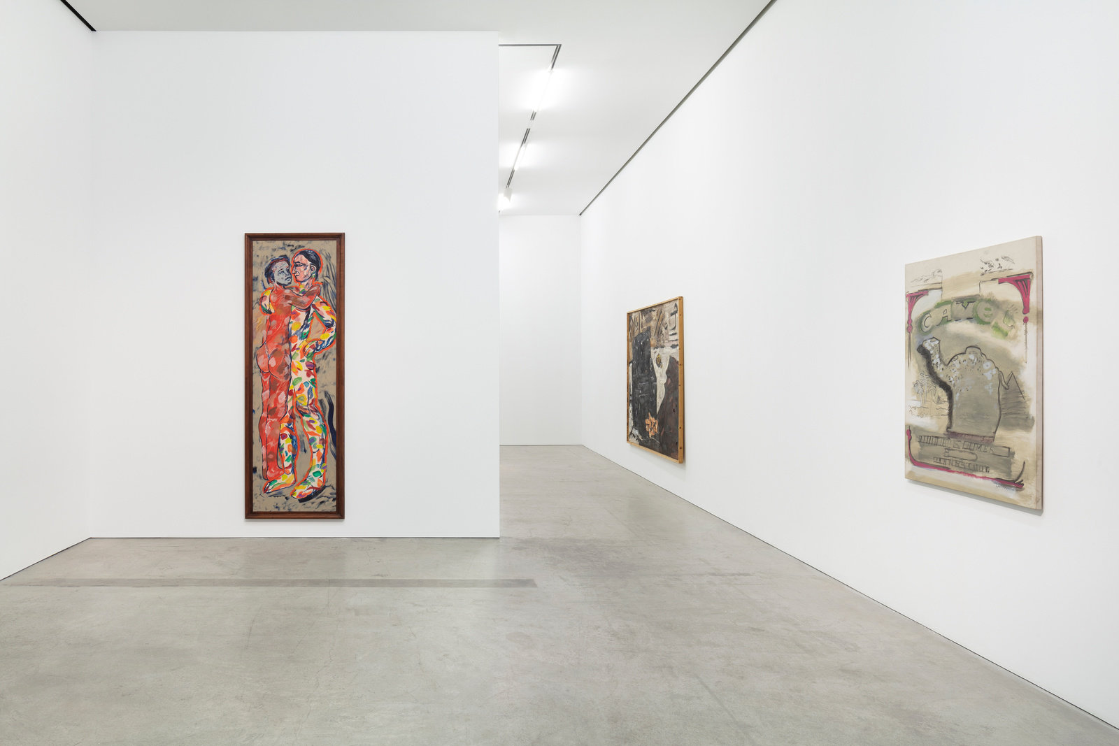 three paintings of different scales hung on the walls. One colorful painting of two figures embracing by RB Kitaj is tall and narrow. The remaining two are more subdued in their palette, by Werner Büttner and Larry Rivers. 