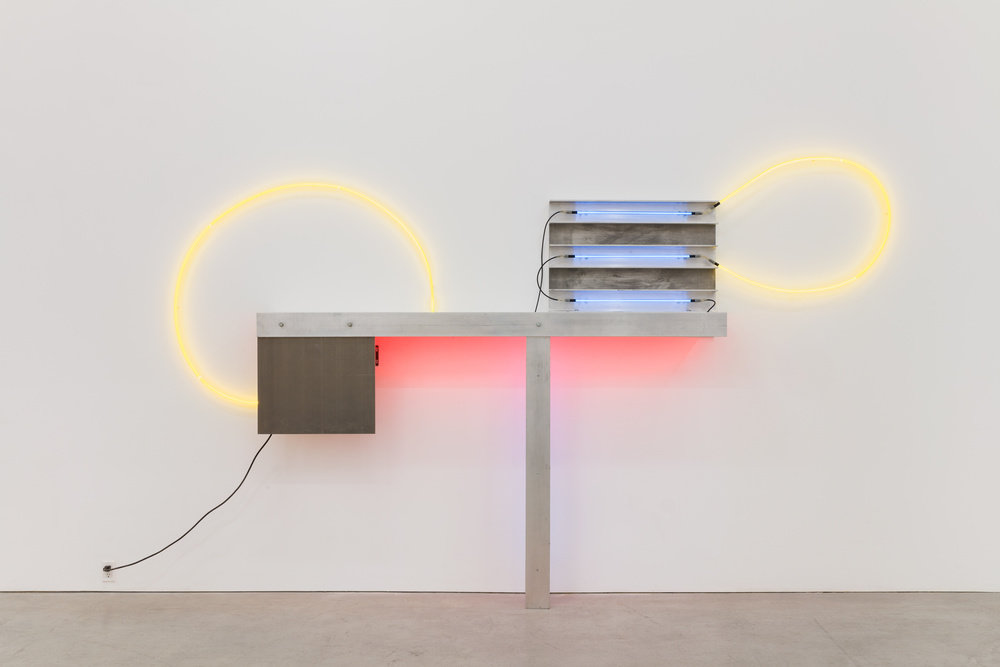 A neon and aluminum sculpture by Keith Sonnier. 