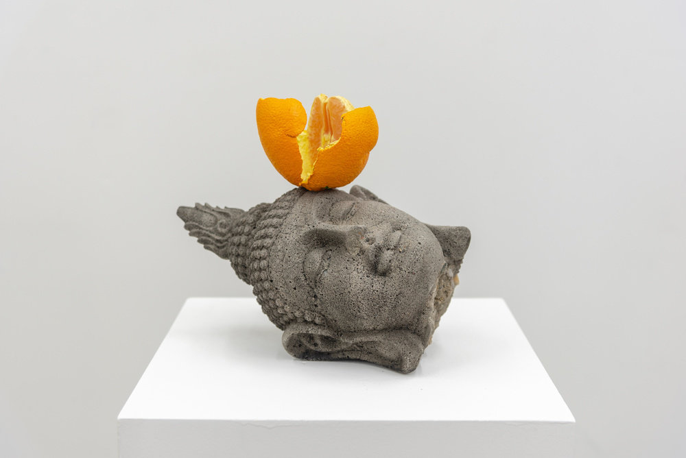 Matelli, head (w  orange) (view 6), 2019, concrete, painted bronze, 8 x 12 x 6 in., 20.3 x 30.5 x 15.2 cm, cnon 61.996