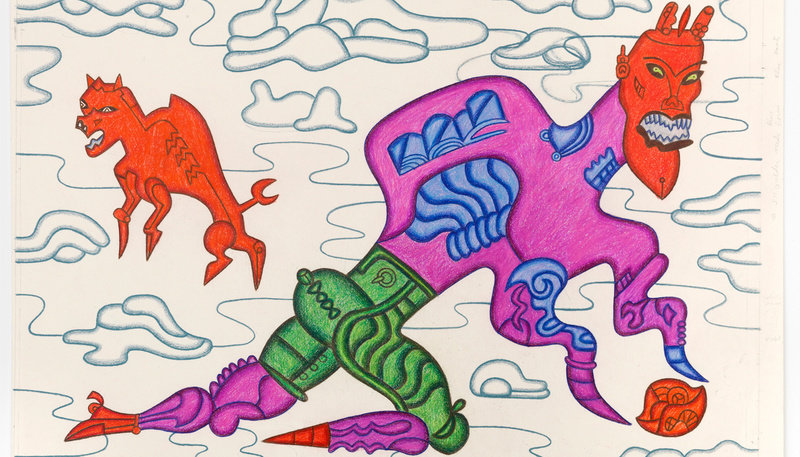 A color pencil and graphite drawing by Karl Wirsum that depicts two abstracted figures with sharp outlines. The anthropomorphic figure in the foreground is kneeling and is rendered in red, green, blue and magenta while the smaller figure is red and animal-like. Both are set against a cloud-like background. 
