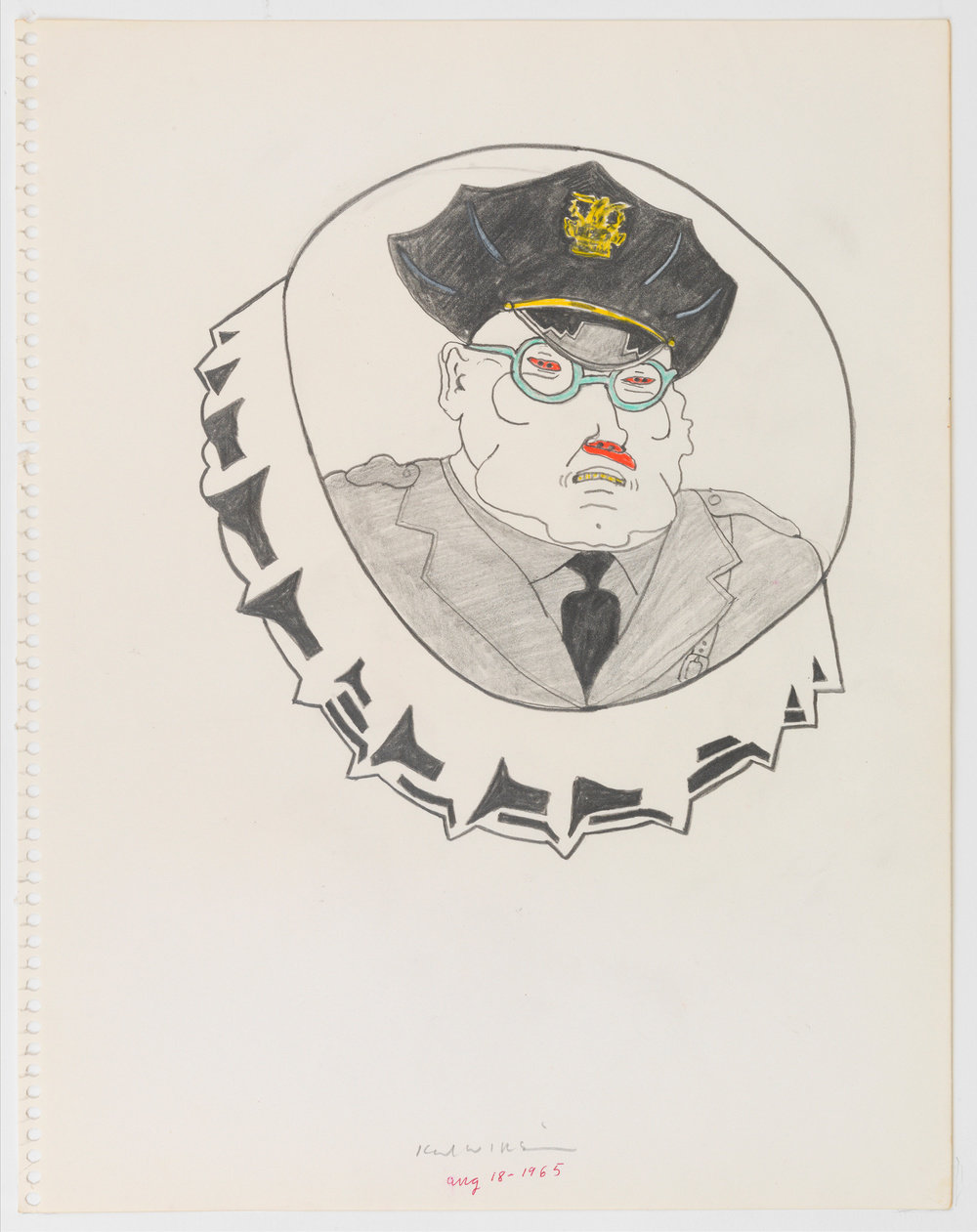 A graphite and color pencil on paper drawing by Karl Wirsum that depicts a male police officer on the face of a bottle cap. 