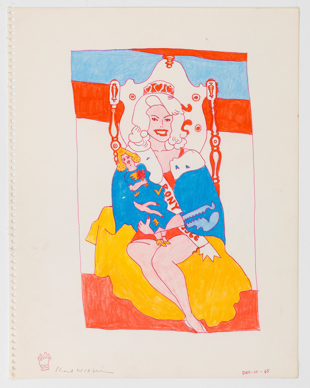 A color ink on paper drawing by Karl Wirsum of a smiling, female figure, seated on a throne wearing a sash and crown and holding a doll. 