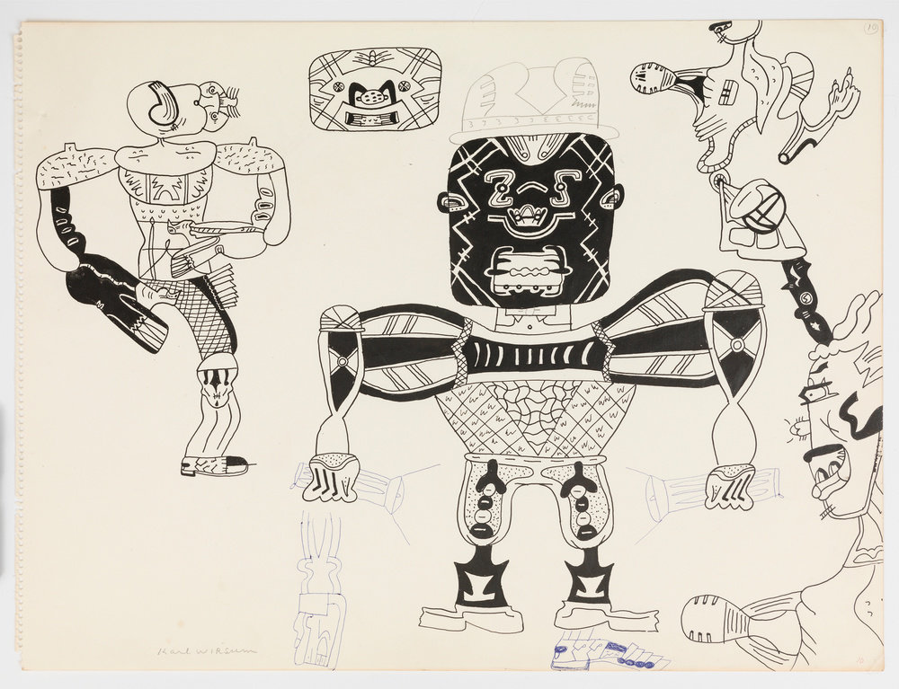 A black ink on off-white paper drawing by Karl Wirsum that depicts several abstracted, anthropomorphic figures.