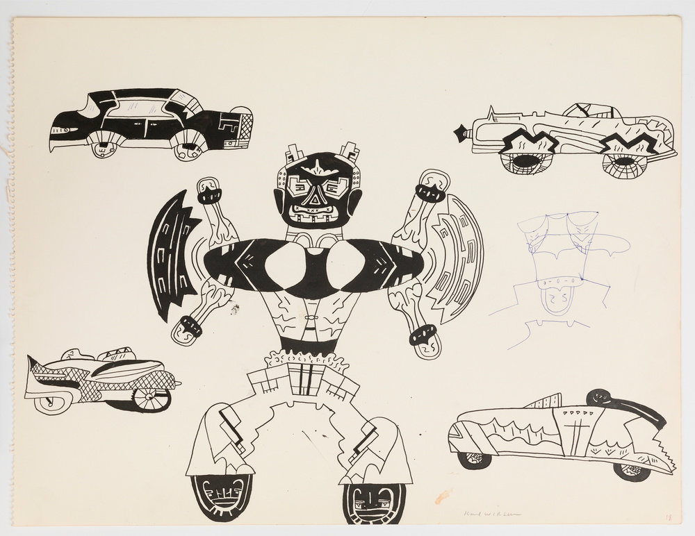 An ink on off-white paper drawing by Karl Wirsum that depicts a central anthropomorphic figure surrounded by four, idiosyncratic, old-fashioned, automobiles.