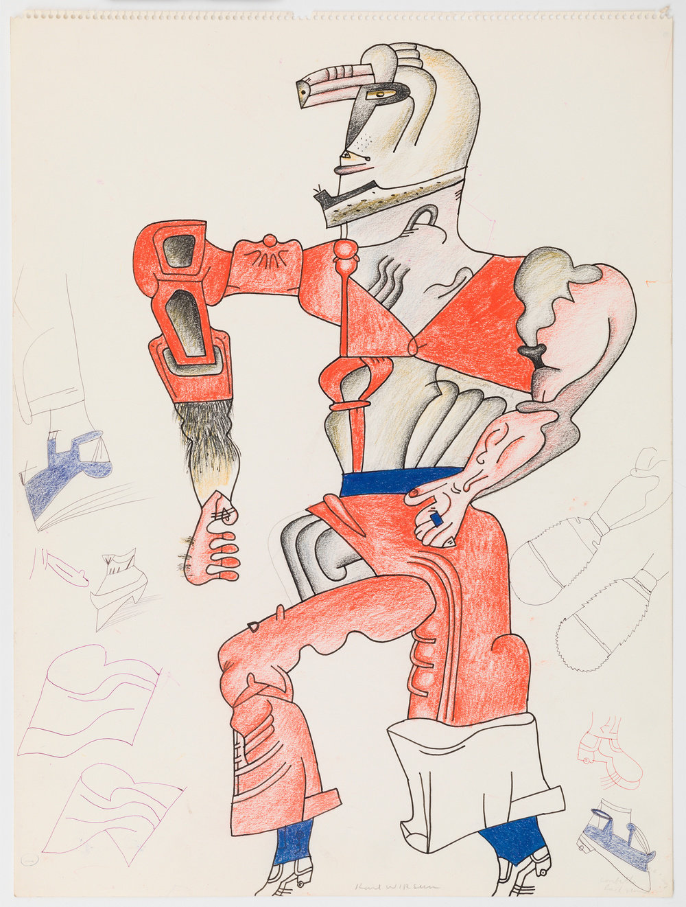 A graphite, ink, and color pencil on paper drawing by Karl Wirsum of a boldly outlined, anthropomorphic or cyborg figure surrounded by several lightly rendered sketches.