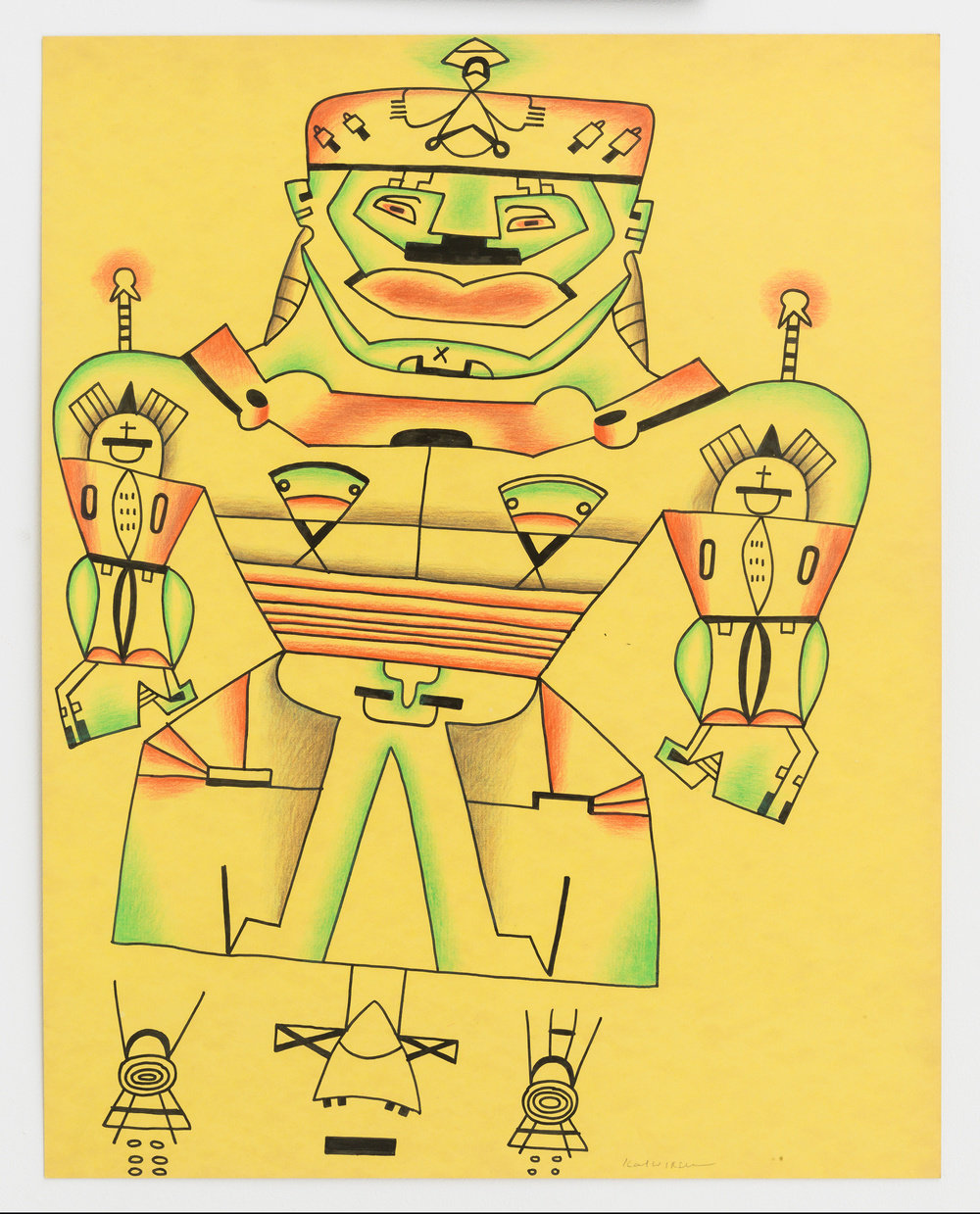 An ink and color pencil on yellow paper drawing by Karl Wirsum of an abstract figure with sharp outlines, with touches of soft green, red and grey. 