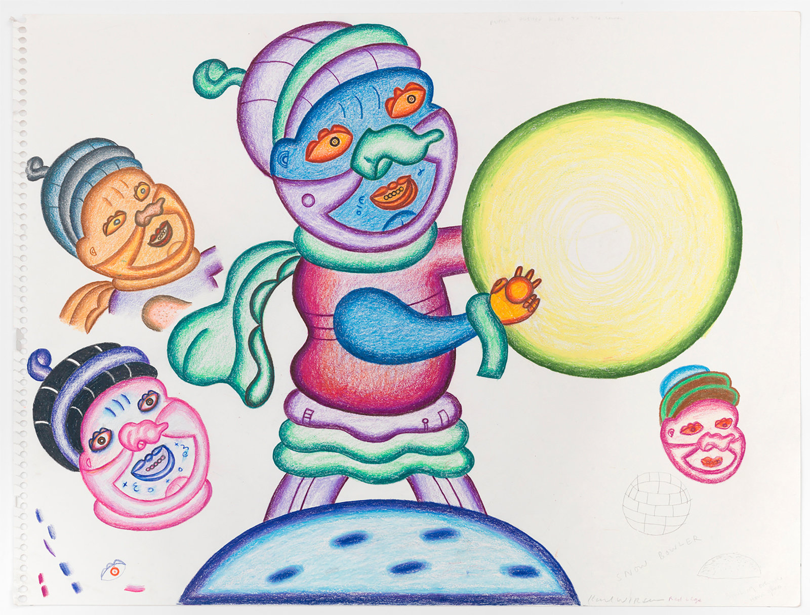 A color pencil and graphite on paper drawing by Karl Wirsum of an abstracted, colorful figure holding a yellow and green orb, surrounded by the faces of three additional figures. 
