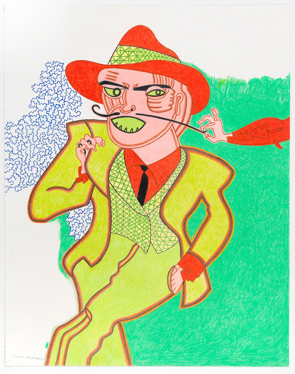 A color pencil and graphite on paper drawing by Karl Wirsum of a figure in a green suit, red shirt and red hat on a mostly green background. A hand emerging from out of frame is pulling on the figures mustache.  