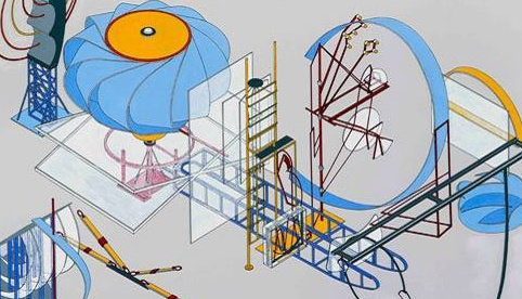 A drawing by Alice Aycock with a large turbine fan embedded in a strange apparatus