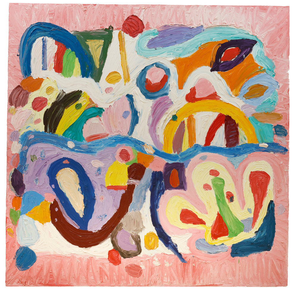 Bright colorful oil painting by Gillian Ayres, forms in blue, pink, orange and white.