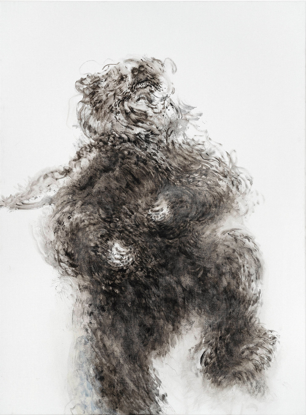Maggi Hambling, Young Dancing Bear, 2019, oil on canvas. Depicted is a young dancing bear, center to the canvas, animated in movement, gazing up into empty white space above.