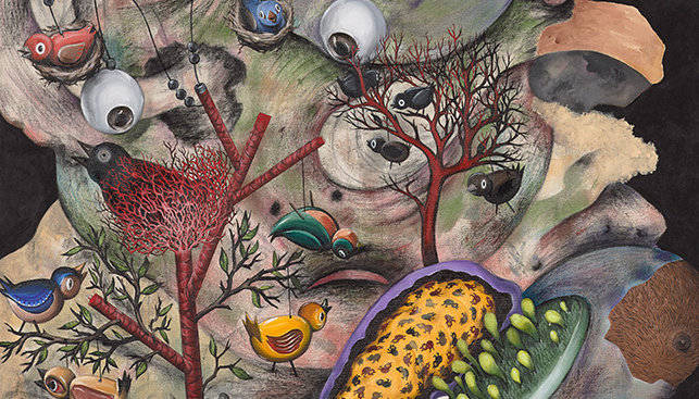 Alsoudani, birds, 2015, acrylic, charcoal, color pencil on canvas, 85 x 53 in., 215.9 x 134.62 cm, cnon 58.904 (email)