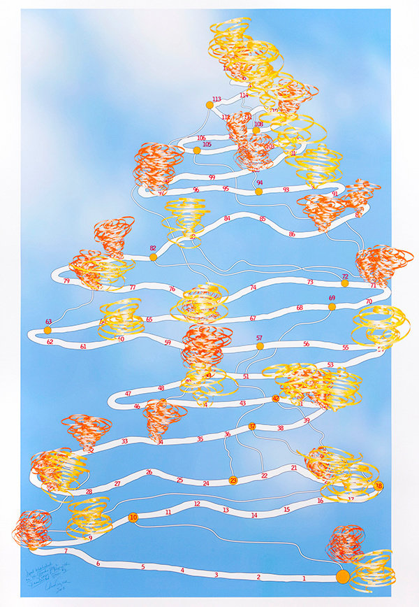 Aycock  devil whirlwinds on the clouds for 2 players  from the gameboard series  6  2012  inkjet print and hand painted watercolor on paper  66 x 47 in.  non 59.563 web